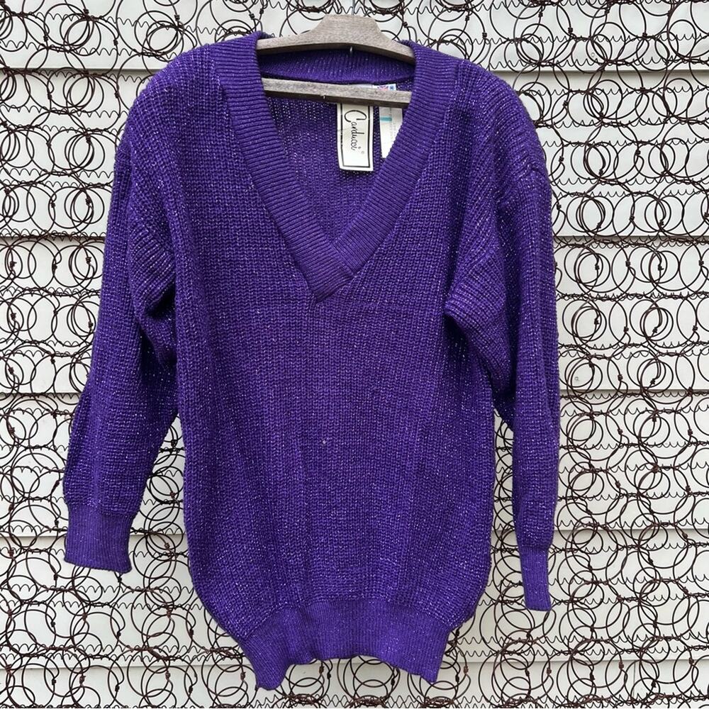 Vintage 80s Carducci metallic purple knit v neck sweater